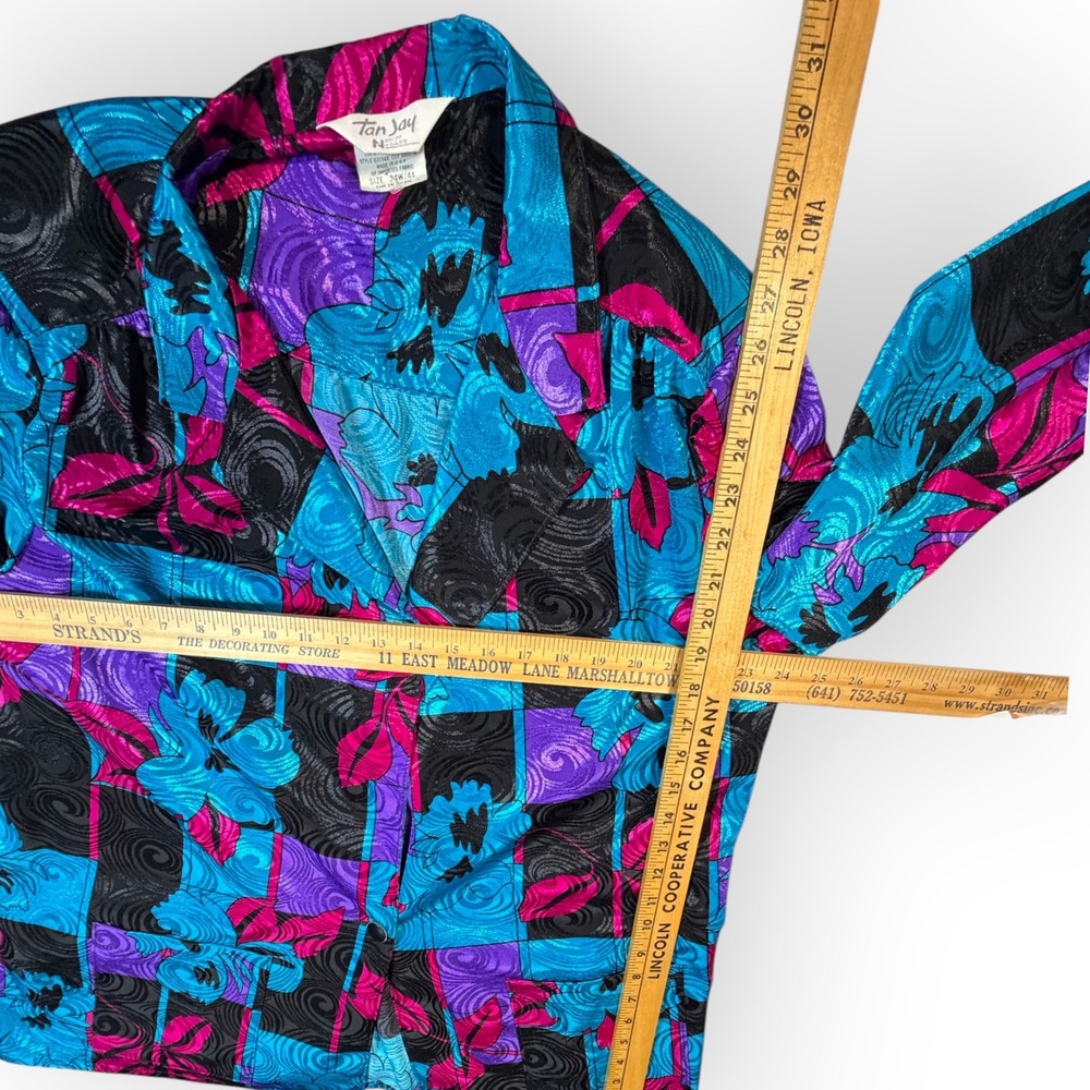 Vtg Tan Jay Silky Bright 80s Floral Geometric Blazer Plus 24W USA Dopamine Teal - Picture 8 of 13